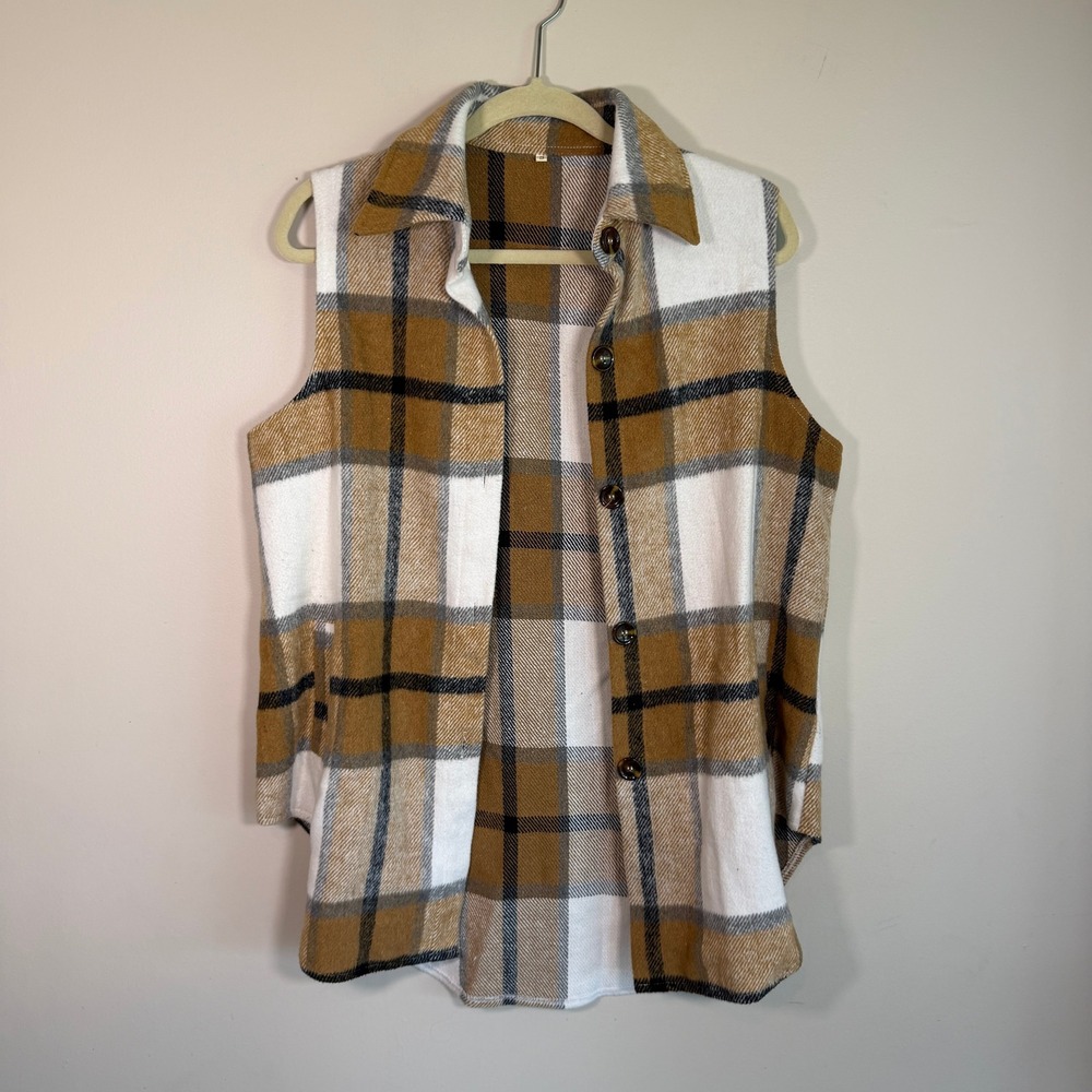 Womens Brown White Plaid Sleeveless Shacket Vest Button Front Small